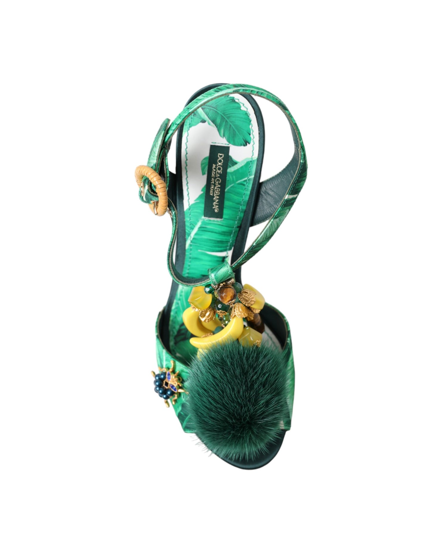 Dolce & Gabbana Green Banana Leaf Embellished T-Strap Sandals Shoes