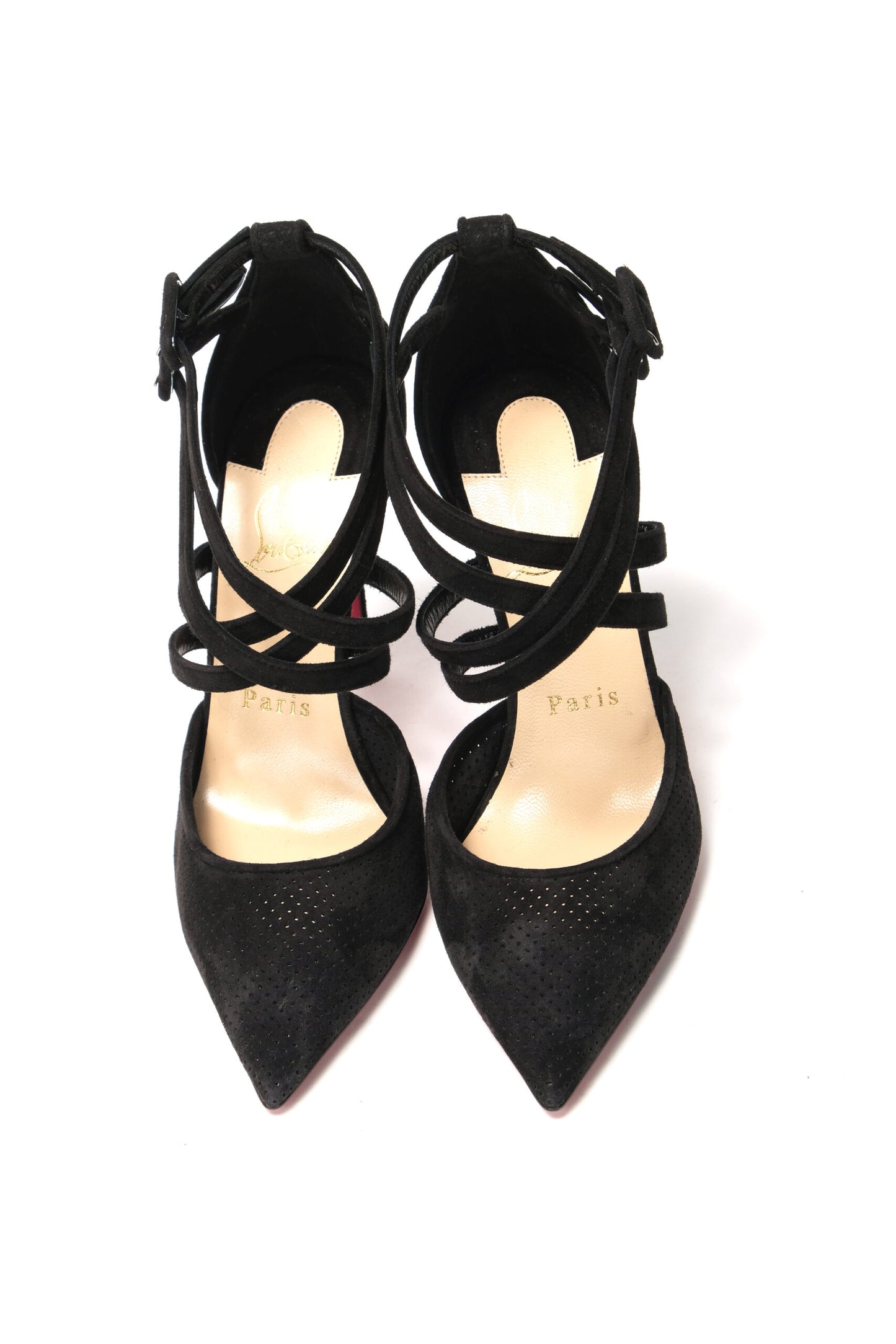 Christian Louboutin Black Velour Perforated Strappy High Heel Sandal