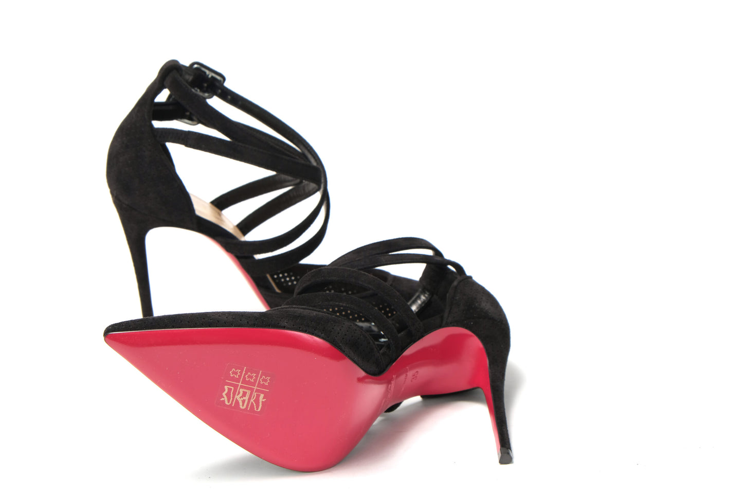 Christian Louboutin Black Velour Perforated Strappy High Heel Sandal