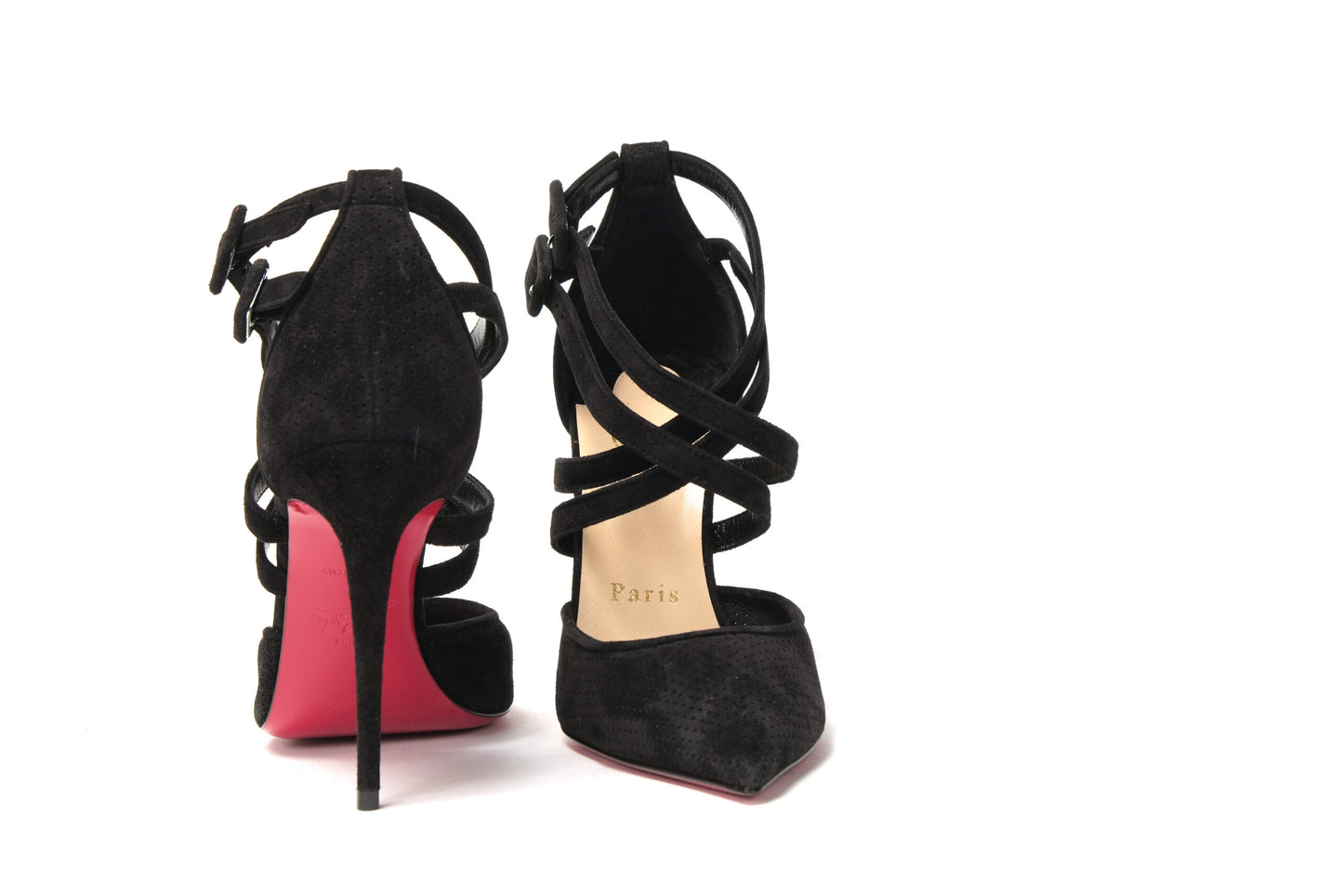 Christian Louboutin Black Velour Perforated Strappy High Heel Sandal