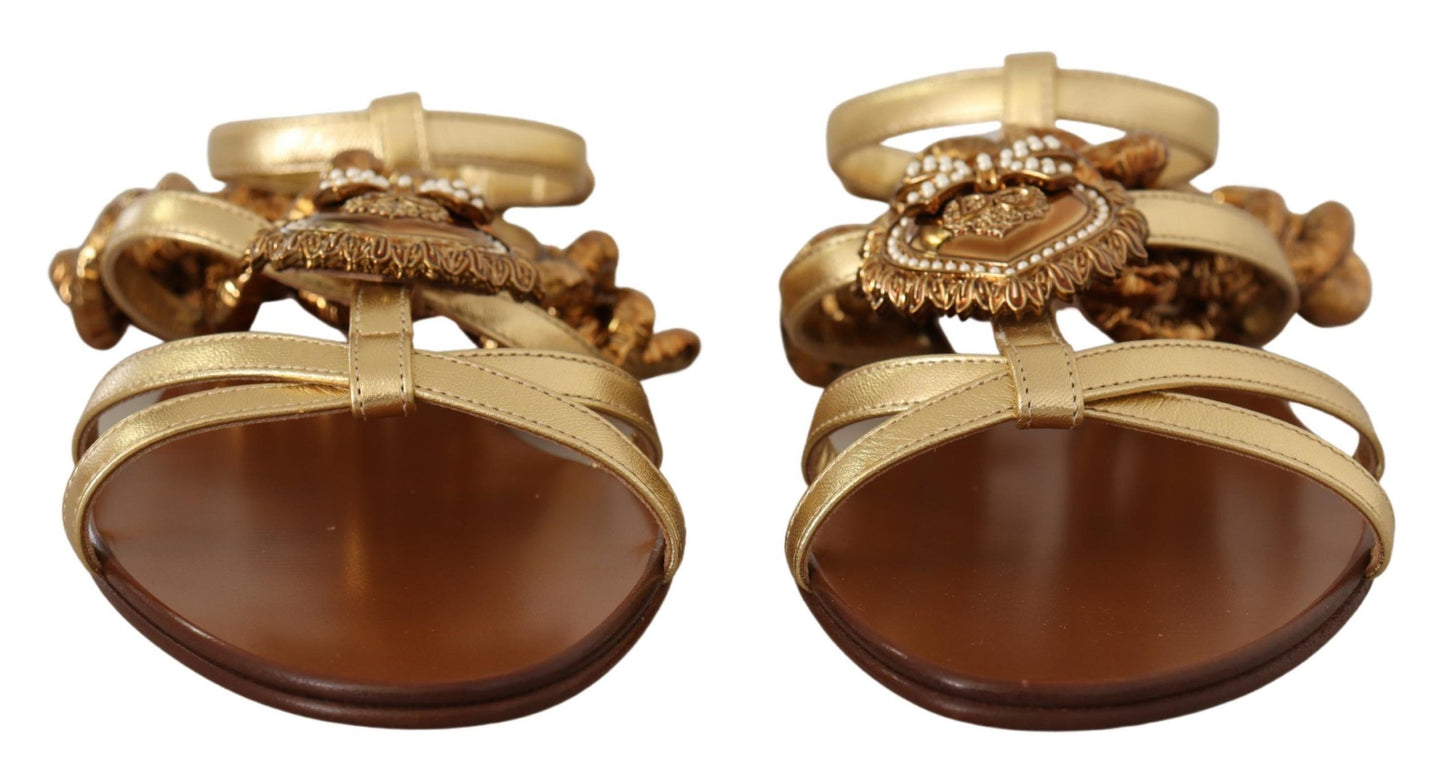 Dolce & Gabbana Gold Leather Devotion Flats Sandals