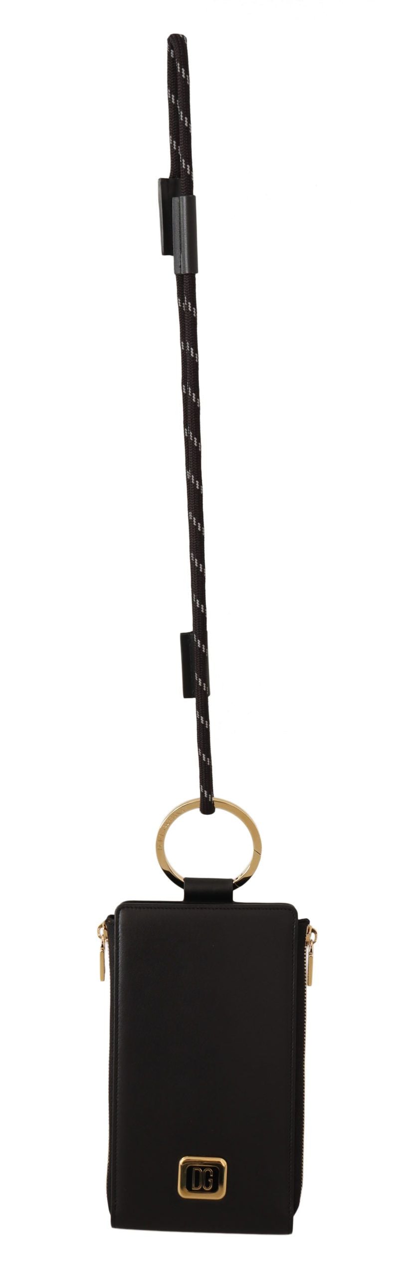 Dolce & Gabbana 블랙 가죽 로고 플라크 넥 스트랩 카드 동전 지갑