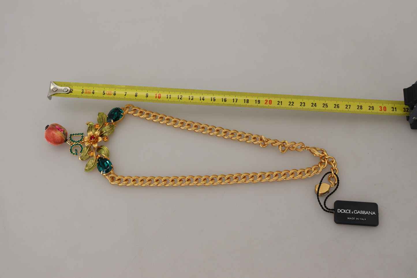 Dolce & Gabbana Gold Brass Crystal Logo Fruit Floral Statement Necklace