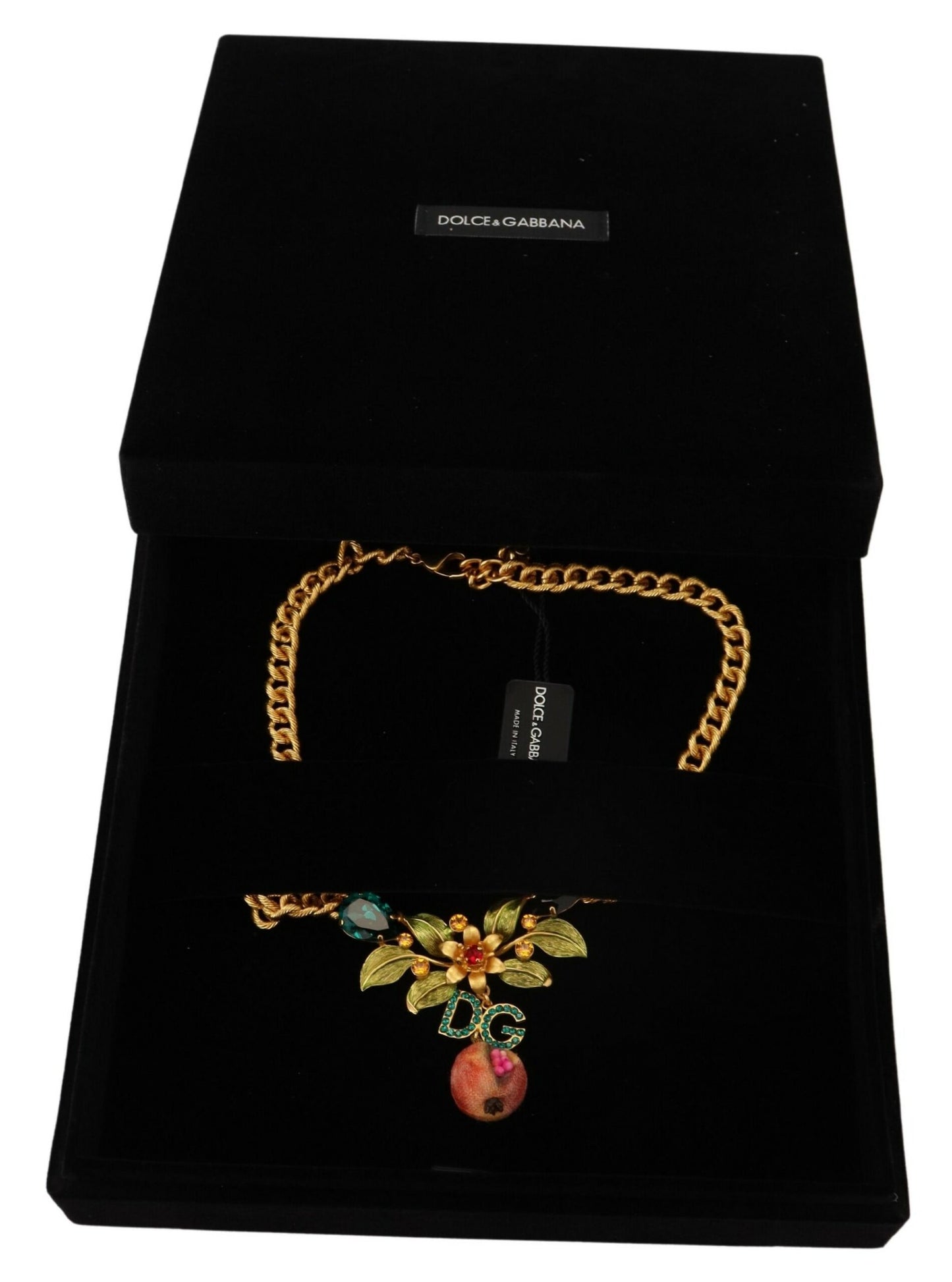 Dolce & Gabbana Gold Brass Crystal Logo Fruit Floral Statement Necklace