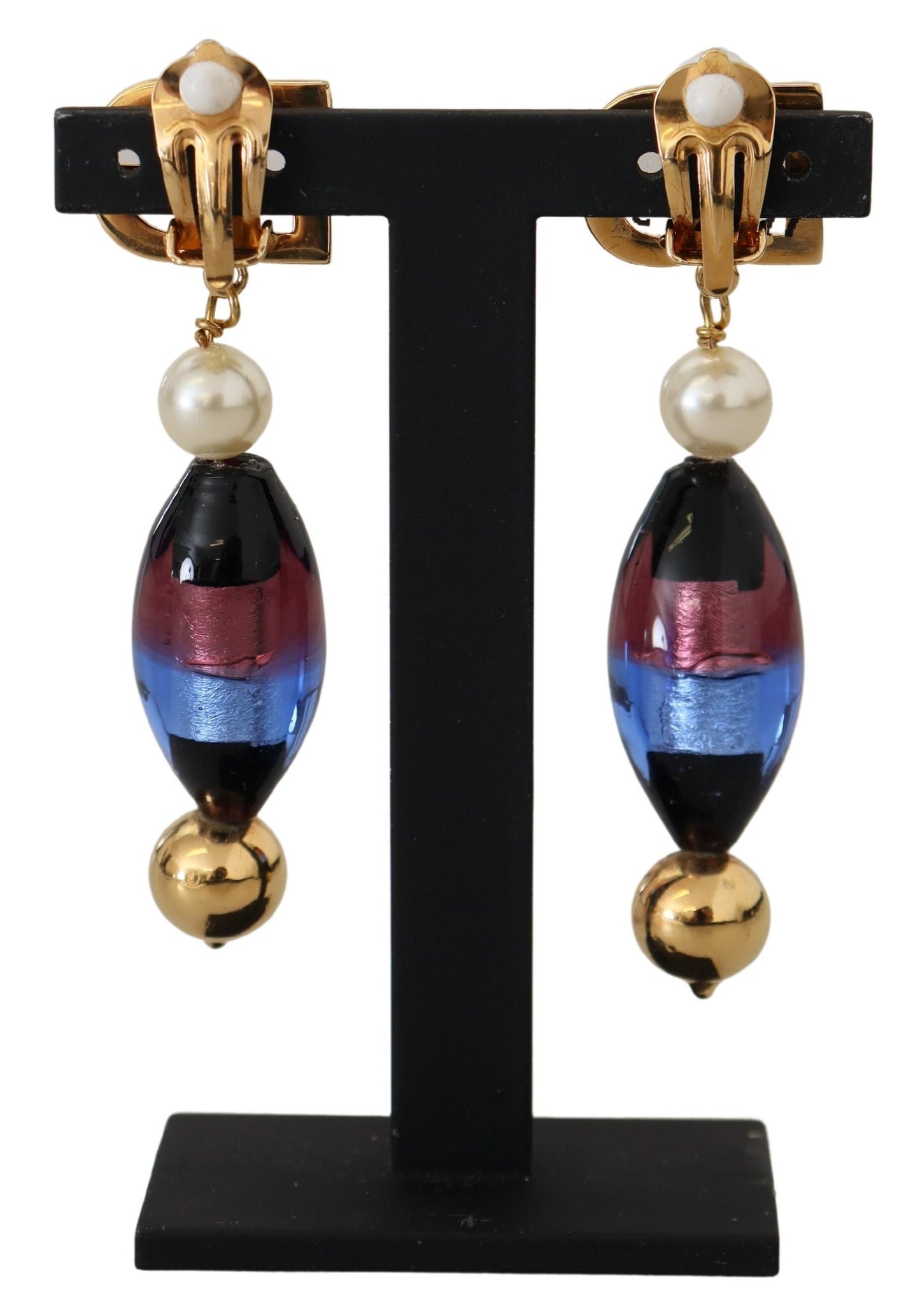 Dolce & Gabbana Gold Plated Brass Glass Design Dangling Earrings
