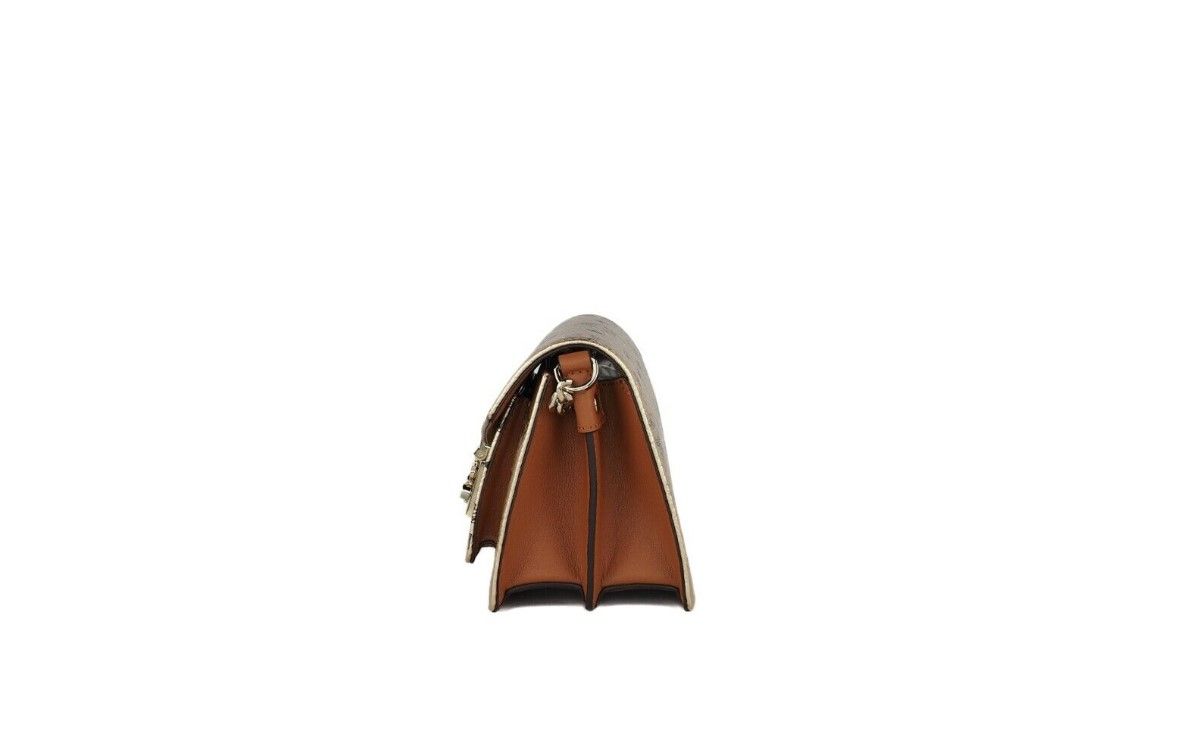 MCM 시그니처 베를린 골드 다이아몬드 로고 가죽 미니 플랩 잠금 크로스바디 핸드백