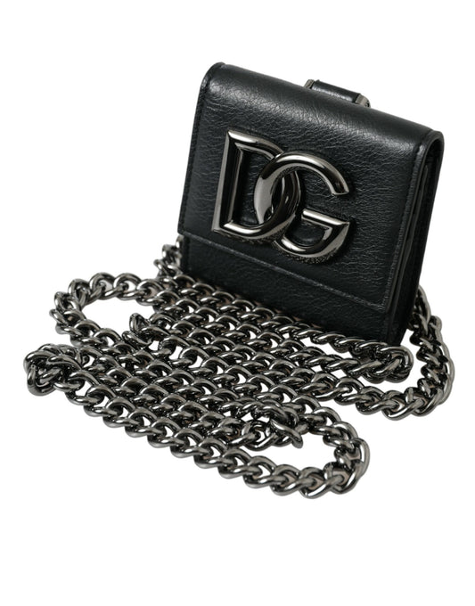 Dolce & Gabbana Black Lamb Leather Logo Card Holder Chain Strap Bags