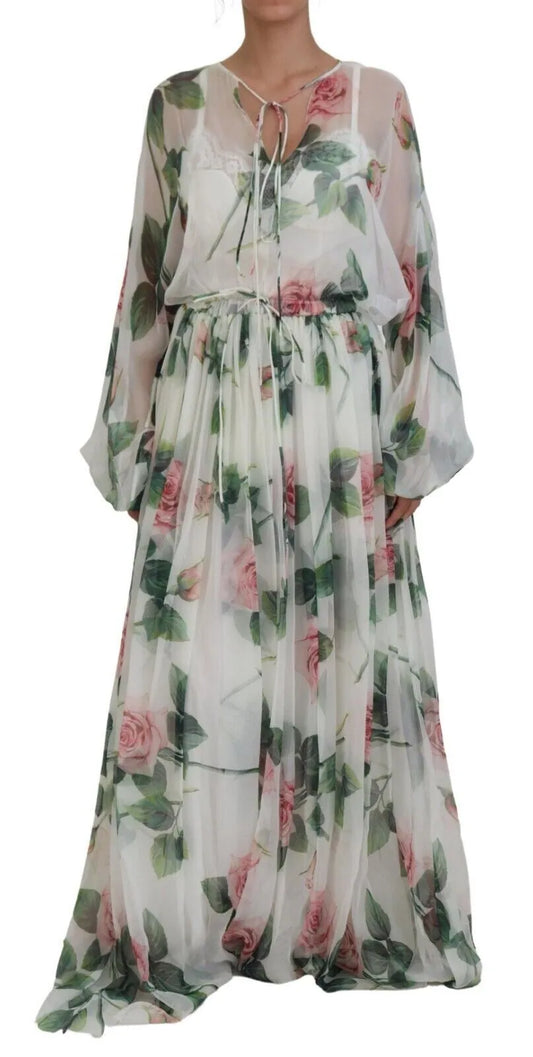 Dolce & Gabbana White Floral Roses Silk Maxi Gown Dress