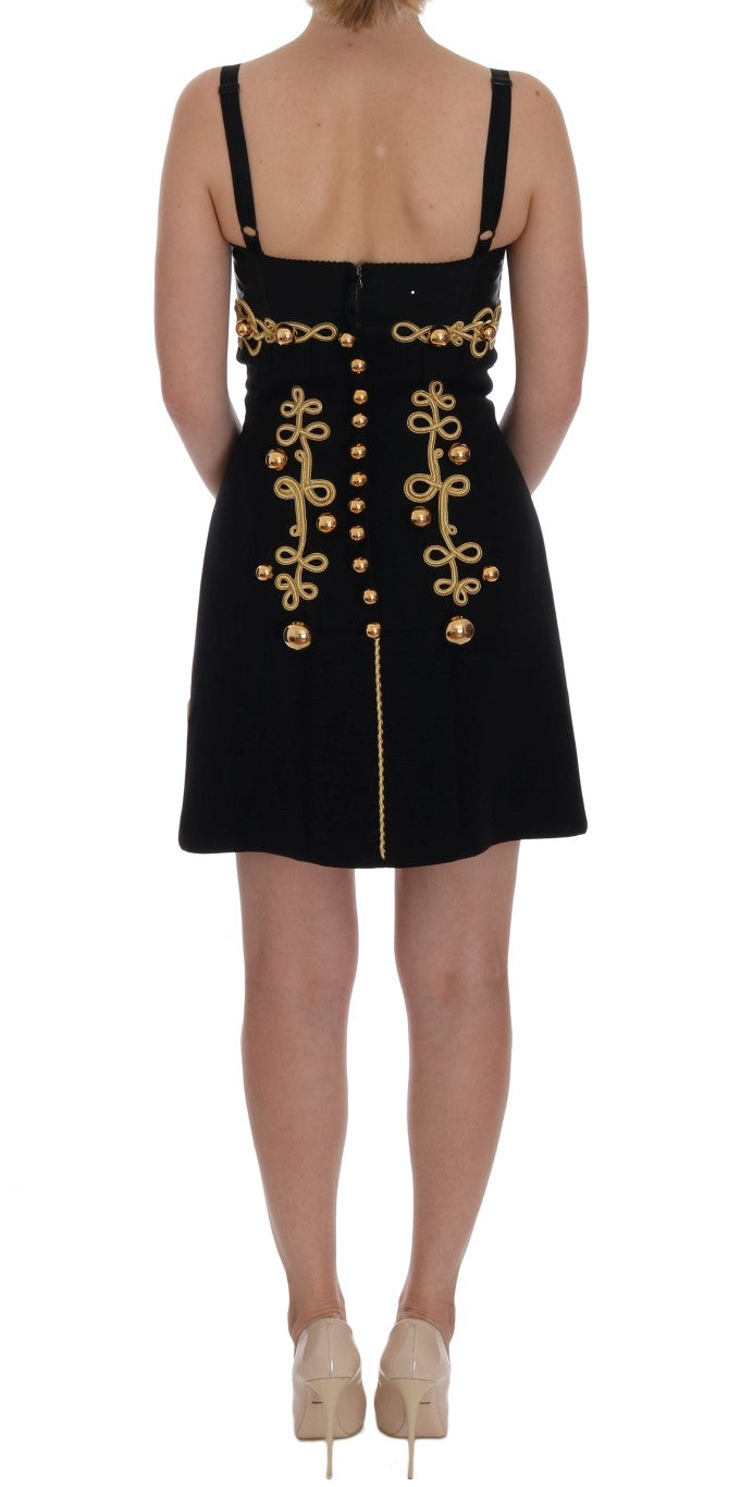 Dolce & Gabbana Black Wool Stretch Gold A-Line Dress