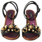 Dolce & Gabbana Black Lizard Embossed Floral Pearls Sandals Shoes