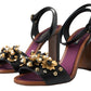 Dolce & Gabbana Black Lizard Embossed Floral Pearls Sandals Shoes