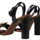Dolce & Gabbana Black Lizard Embossed Floral Pearls Sandals Shoes