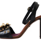 Dolce & Gabbana Black Lizard Embossed Floral Pearls Sandals Shoes