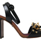 Dolce & Gabbana Black Lizard Embossed Floral Pearls Sandals Shoes