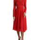 Dolce & Gabbana Red Silk Pleated Aline Long Sleeve Midi Dress