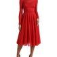 Dolce & Gabbana Red Silk Pleated Aline Long Sleeve Midi Dress