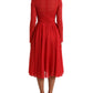 Dolce & Gabbana Red Silk Pleated Aline Long Sleeve Midi Dress