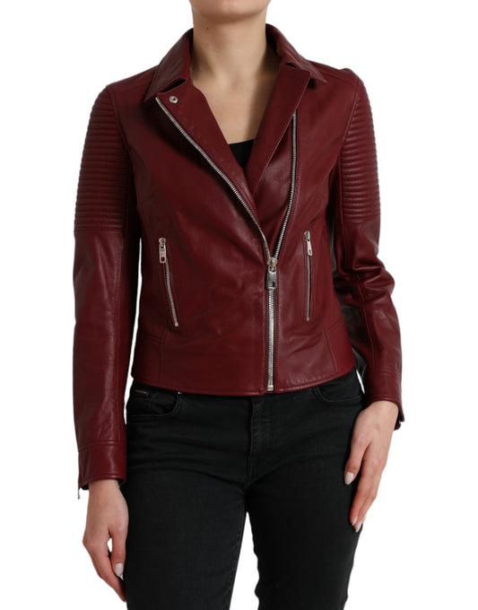 Dolce & Gabbana Bordeaux Leather Biker Coat Lambskin Jacket