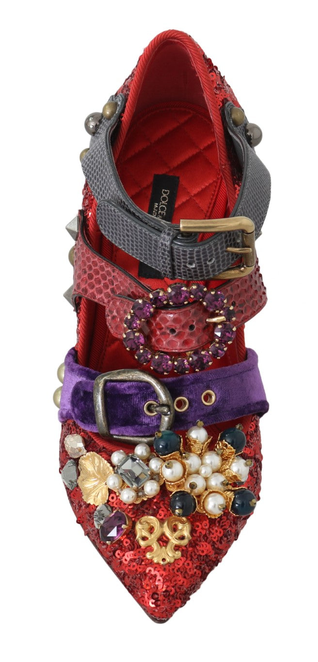 Dolce &amp; Gabbana 레드 스팽글 크리스탈 스터드 힐 슈즈