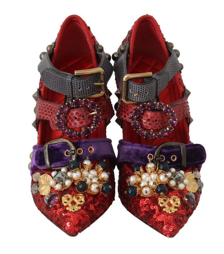 Dolce &amp; Gabbana 레드 스팽글 크리스탈 스터드 힐 슈즈