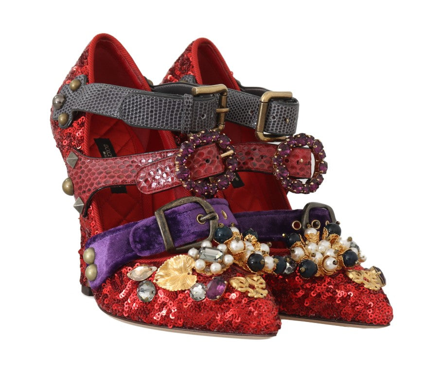 Dolce &amp; Gabbana 레드 스팽글 크리스탈 스터드 힐 슈즈