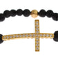 Nialaya Lava Stone Gold Clear CZ Cross 925 Silver Bracelet