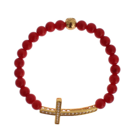 Nialaya Red Coral Gold CZ Cross 925 Silver Bracelet
