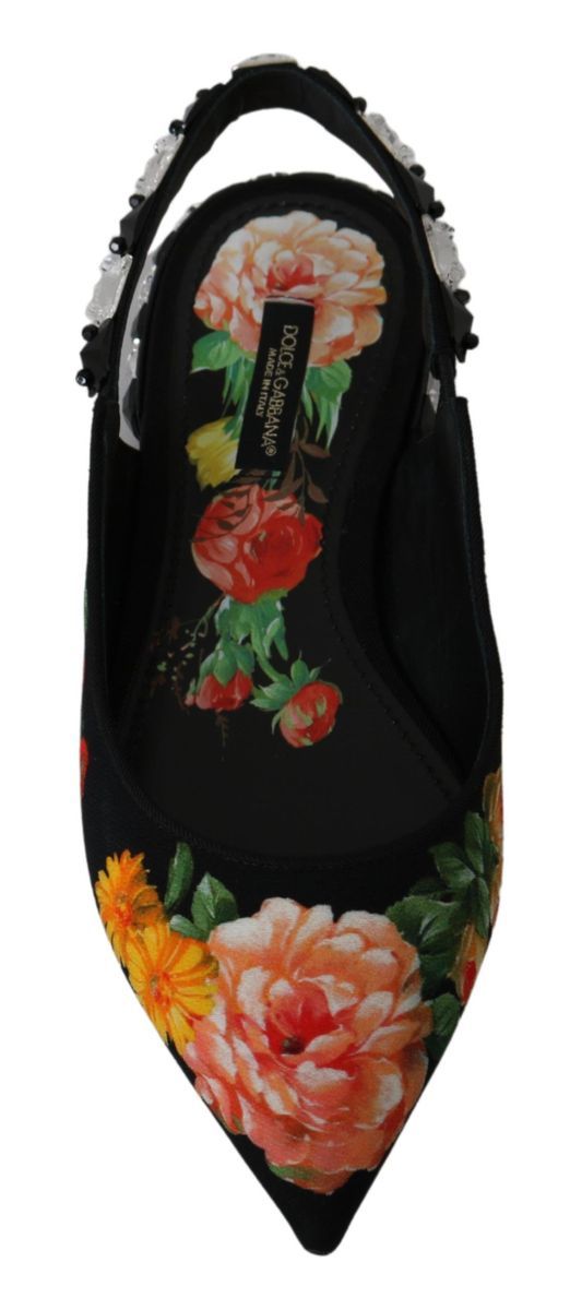 Dolce &amp; Gabbana 블랙 플로럴 크리스탈 슬링백 플랫 슈즈