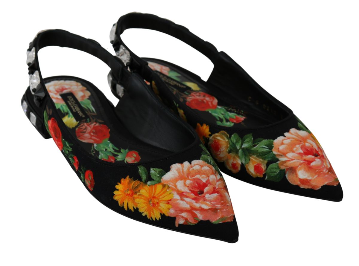 Dolce &amp; Gabbana 블랙 플로럴 크리스탈 슬링백 플랫 슈즈