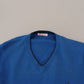 Sun68 Blue Cotton V-Neck Knitted Men Pullover Sweater