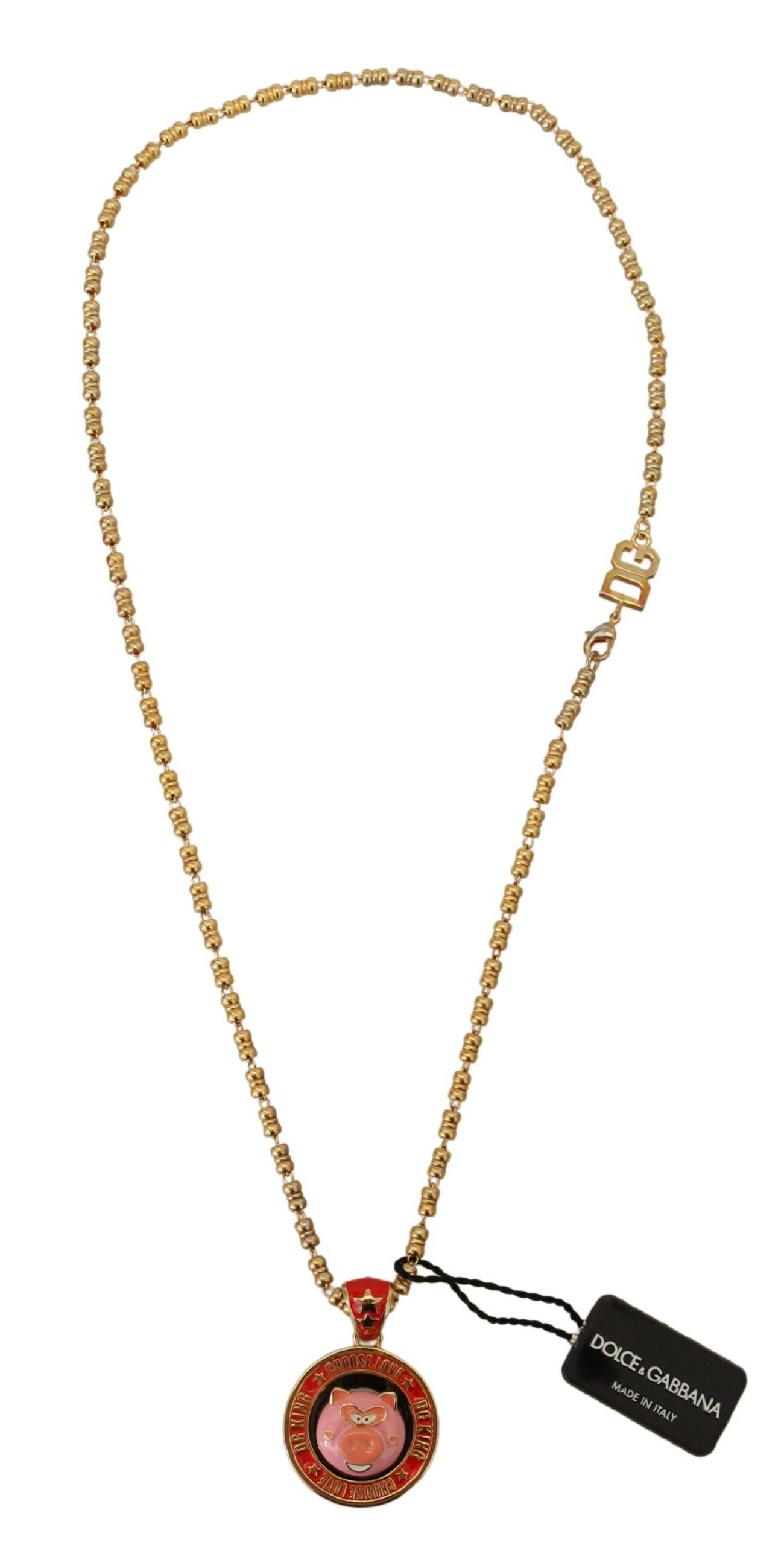 Dolce & Gabbana Gold Brass Chain SUPER PIG Pendant Logo Necklace