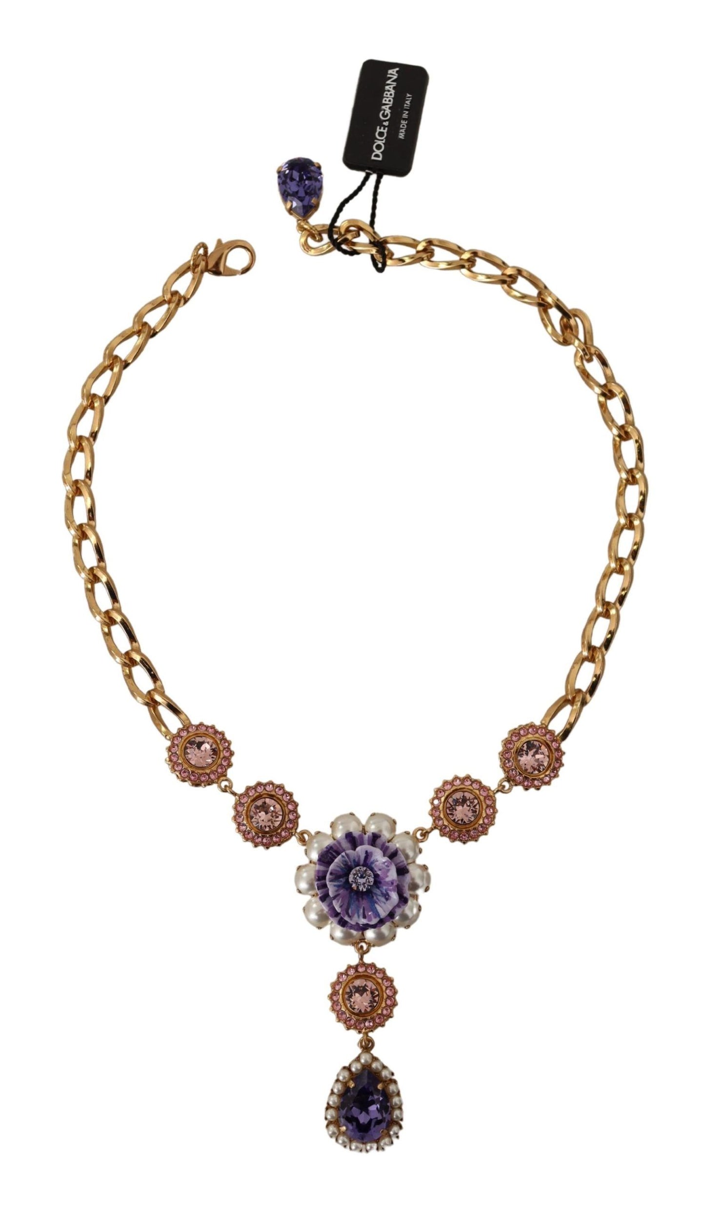 Dolce & Gabbana Gold Brass Crystal Purple Pink Pearl Pendants Necklace