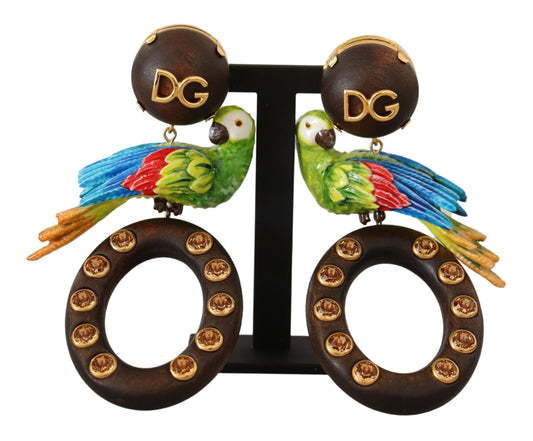 Dolce & Gabbana Gold Brass Wood Parrot Hoop Clip-on Jewelry Dangling Earrings