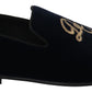 Dolce & Gabbana Blue Velvet Gold Logo Slipper Loafers Shoes
