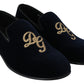 Dolce & Gabbana Blue Velvet Gold Logo Slipper Loafers Shoes