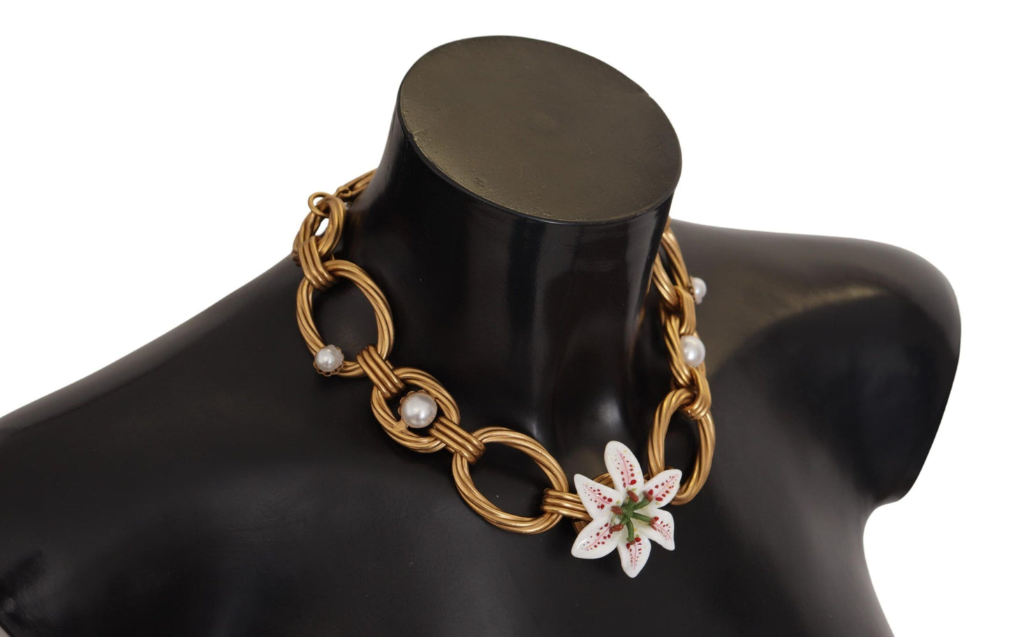 Dolce & Gabbana Gold White Lily Floral Chain Statement Necklace