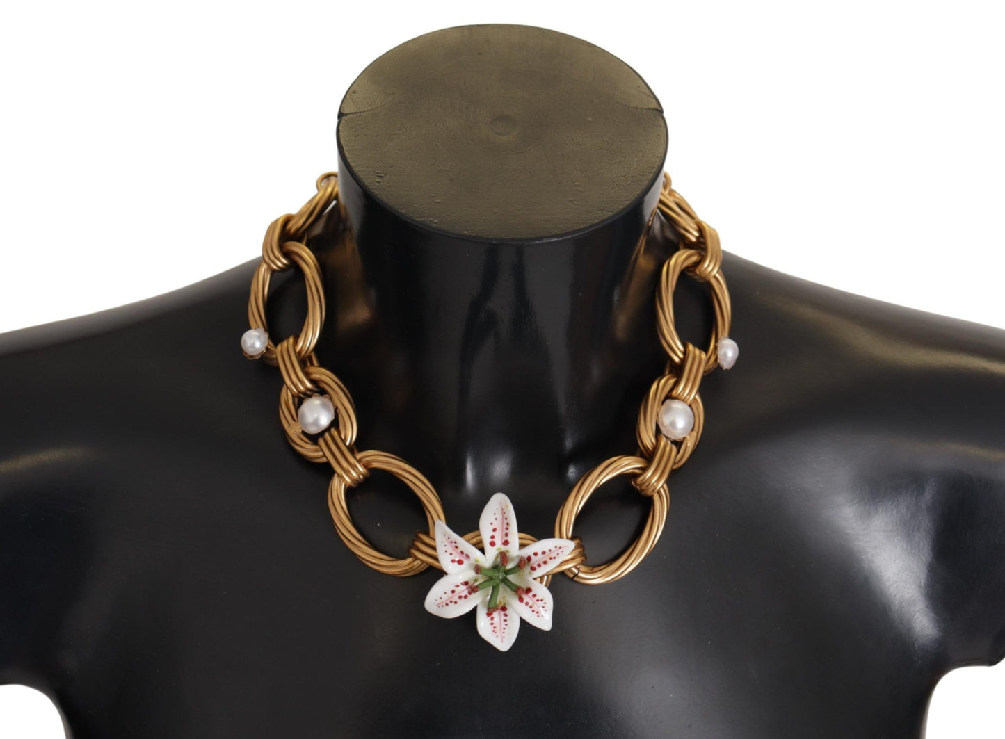 Dolce & Gabbana Gold White Lily Floral Chain Statement Necklace