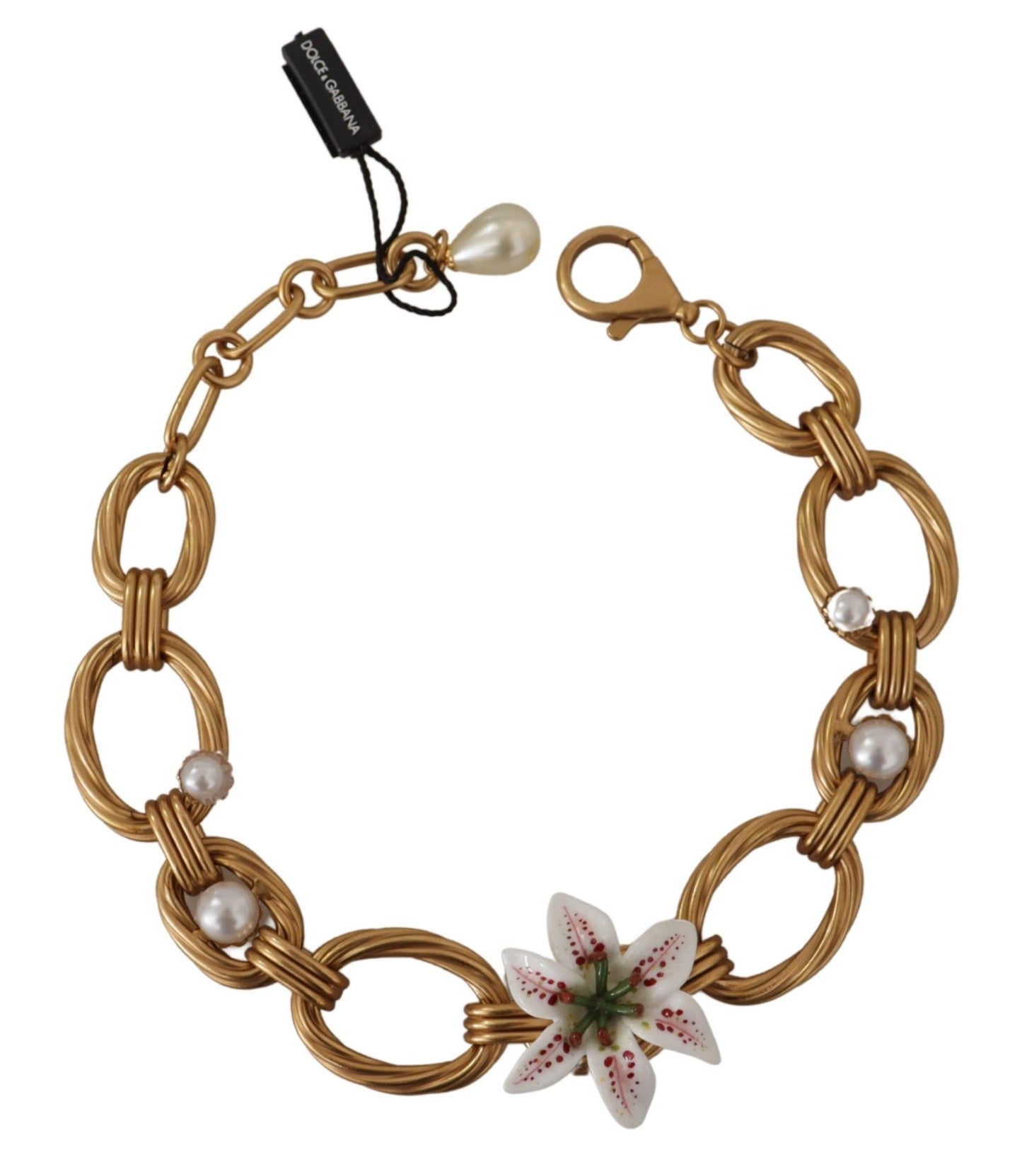 Dolce & Gabbana Gold White Lily Floral Chain Statement Necklace