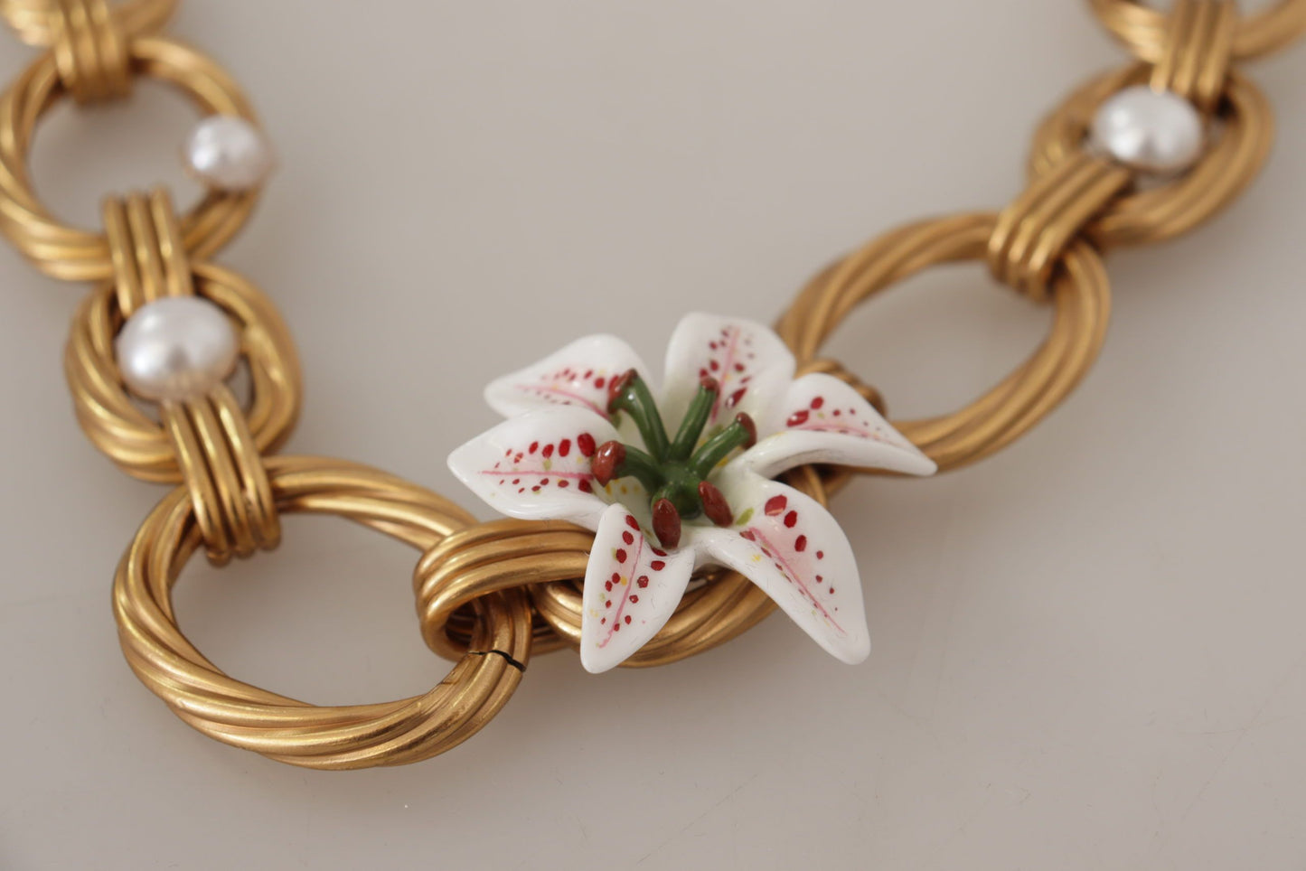 Dolce & Gabbana Gold White Lily Floral Chain Statement Necklace