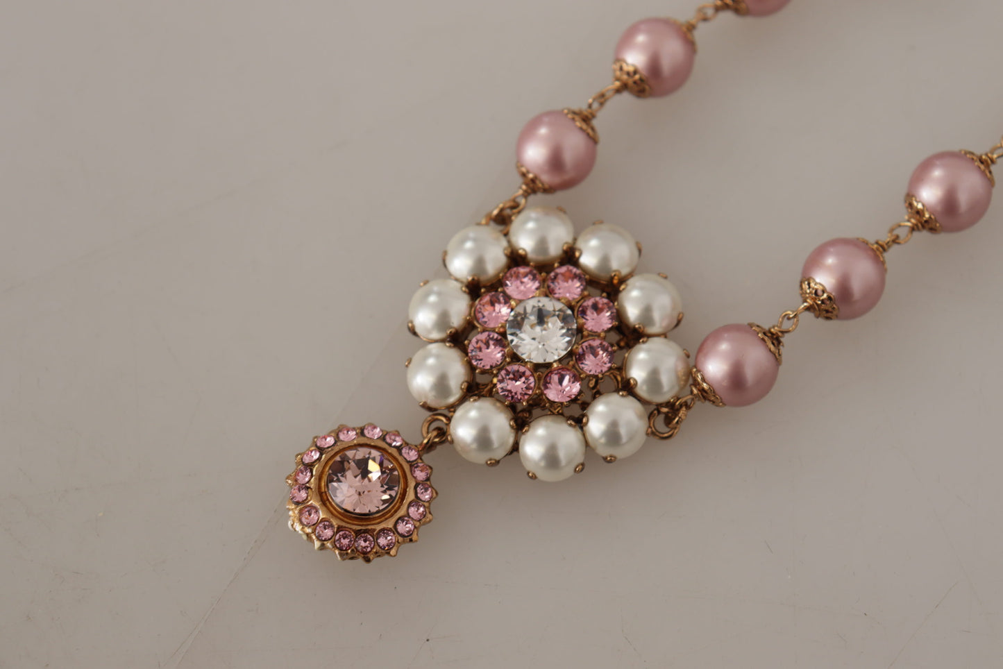 Dolce & Gabbana Gold Brass Crystal Pink Faux Pearl Pendants Necklace