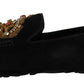 Dolce & Gabbana Black Leather Crystal Gold Crown Loafers Shoes
