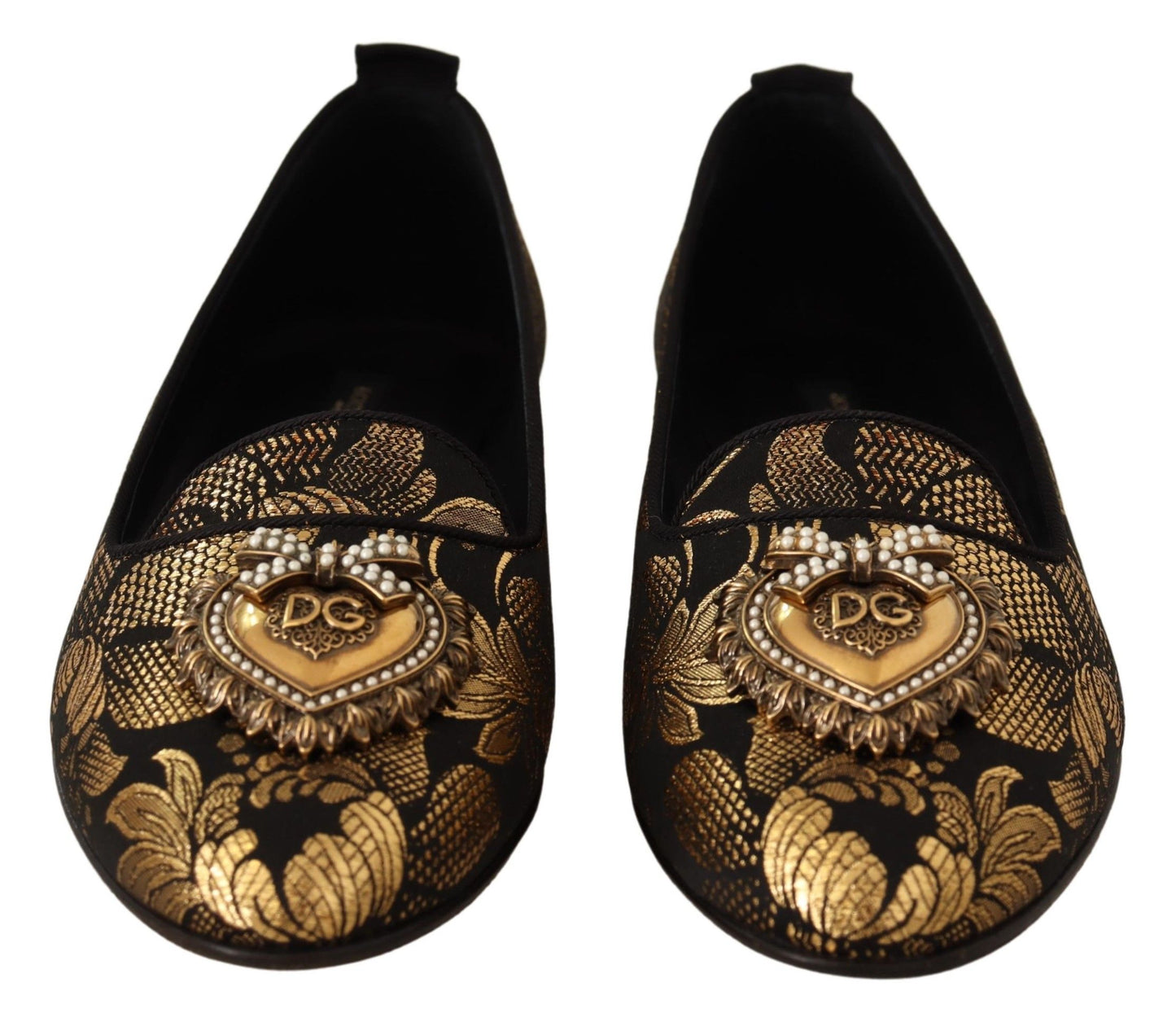 Dolce &amp; Gabbana 블랙 골드 아모레 하트 로퍼 플랫 슈즈