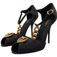Dolce & Gabbana Black Leather Gold Devotion Heart Sandals Shoes