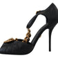 Dolce & Gabbana Black Leather Gold Devotion Heart Sandals Shoes