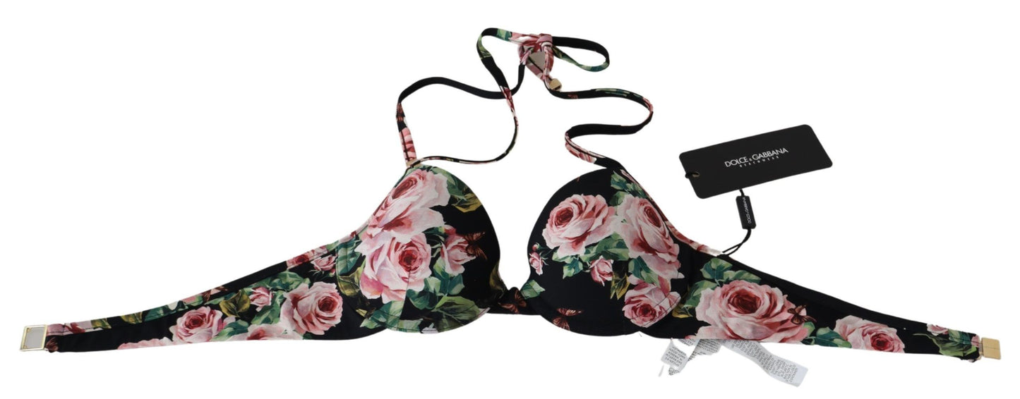 Dolce & Gabbana Black Roses Print Swimsuit Beachwear Bikini Tops