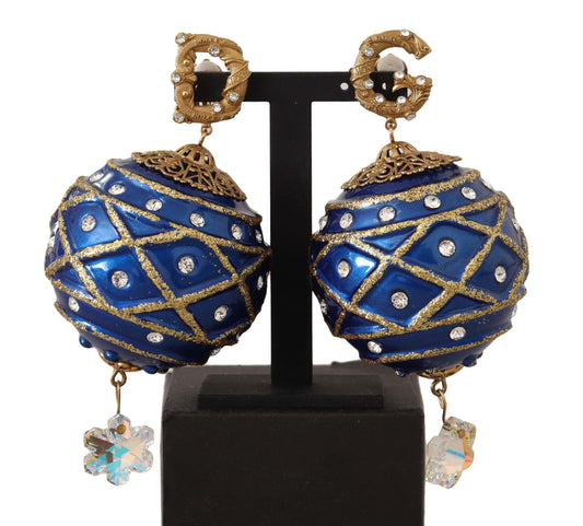 Dolce & Gabbana Gold Brass Blue Christmas Ball Crystal Clip On Earrings