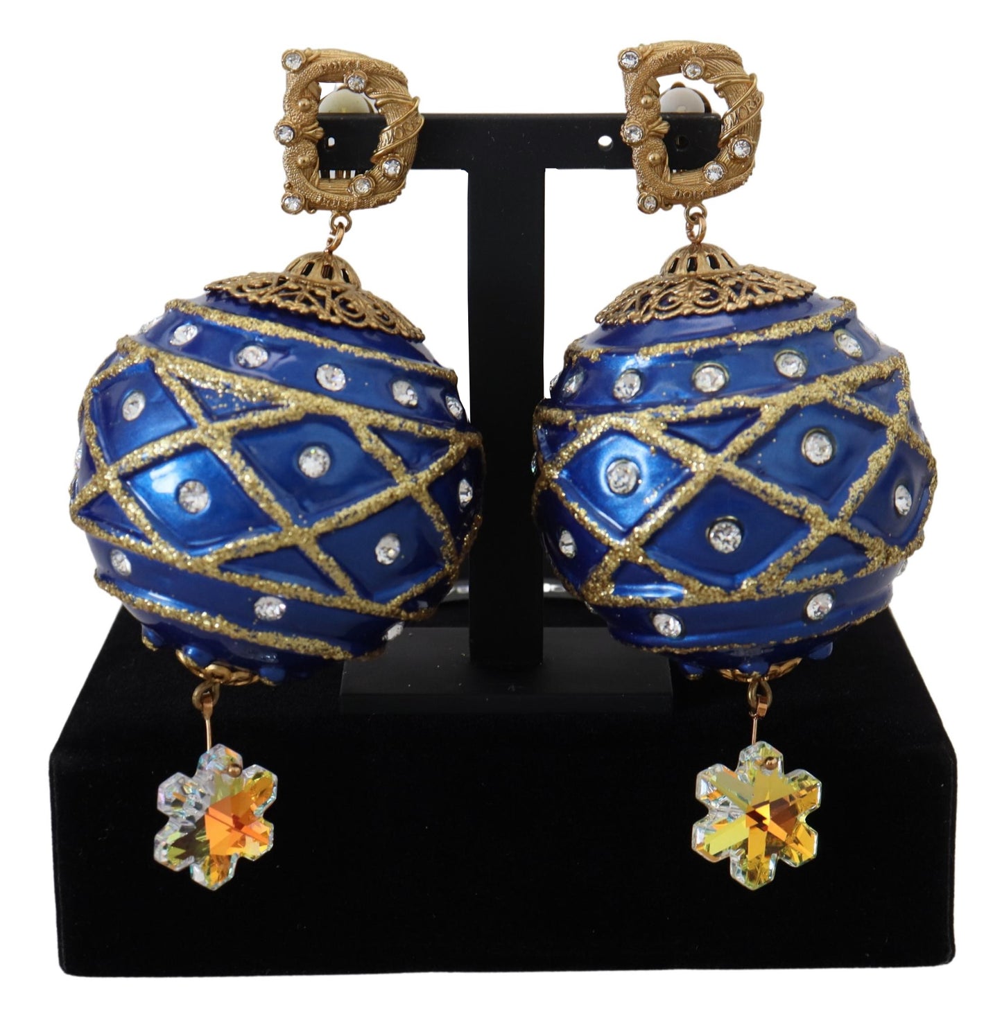 Dolce & Gabbana Gold Brass Blue Dangle Ball Crystal Clip On Earrings