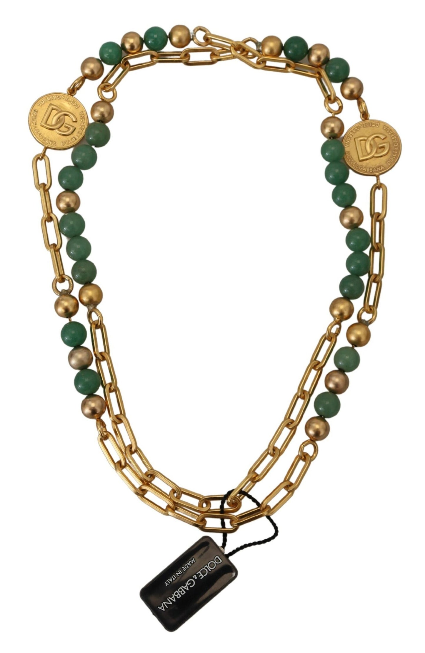 Dolce & Gabbana Gold Brass Natural Gem Beaded Logo Chain Necklace