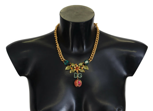 Dolce & Gabbana Gold Brass Crystal Logo Fruit Floral Statement Necklace