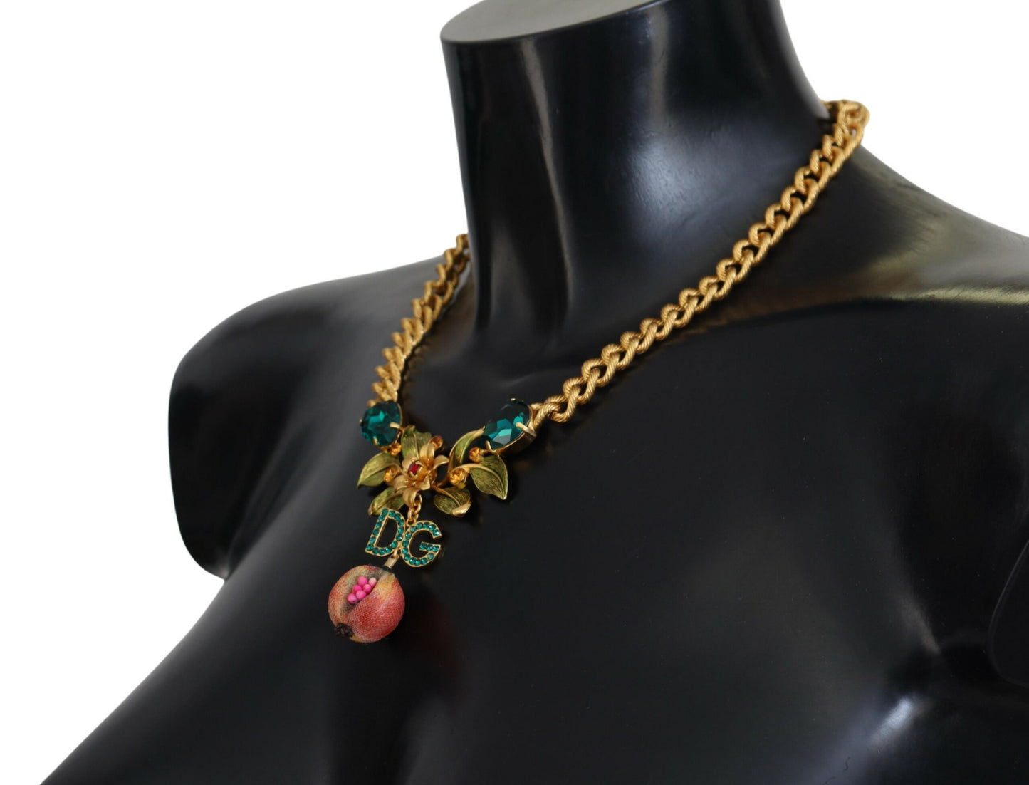 Dolce & Gabbana Gold Brass Crystal Logo Fruit Floral Statement Necklace